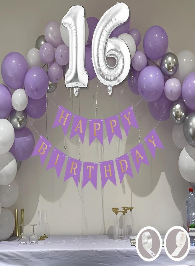 Flyloons 16th Birthday Decoration Items Purple and White Theme Combination for Boys Girls | 30 Pcs Purple White Silver Color Balloons | Purple Happy Birthday Banner | Arch Tape | Glue Dots - Image 1